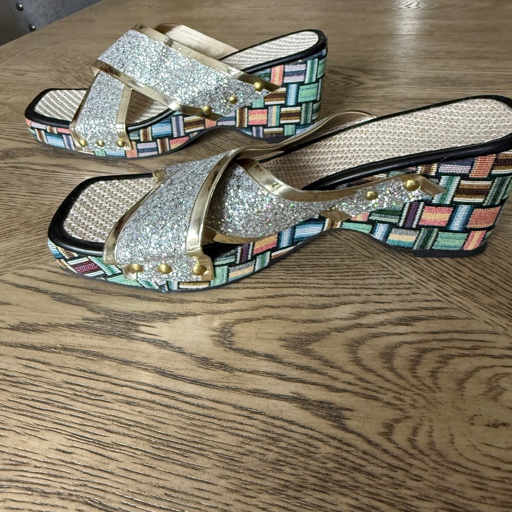Silver Glitter Multi-Color Woven Wedge Sandals Y2K 90's Disco Square Toe Size 11